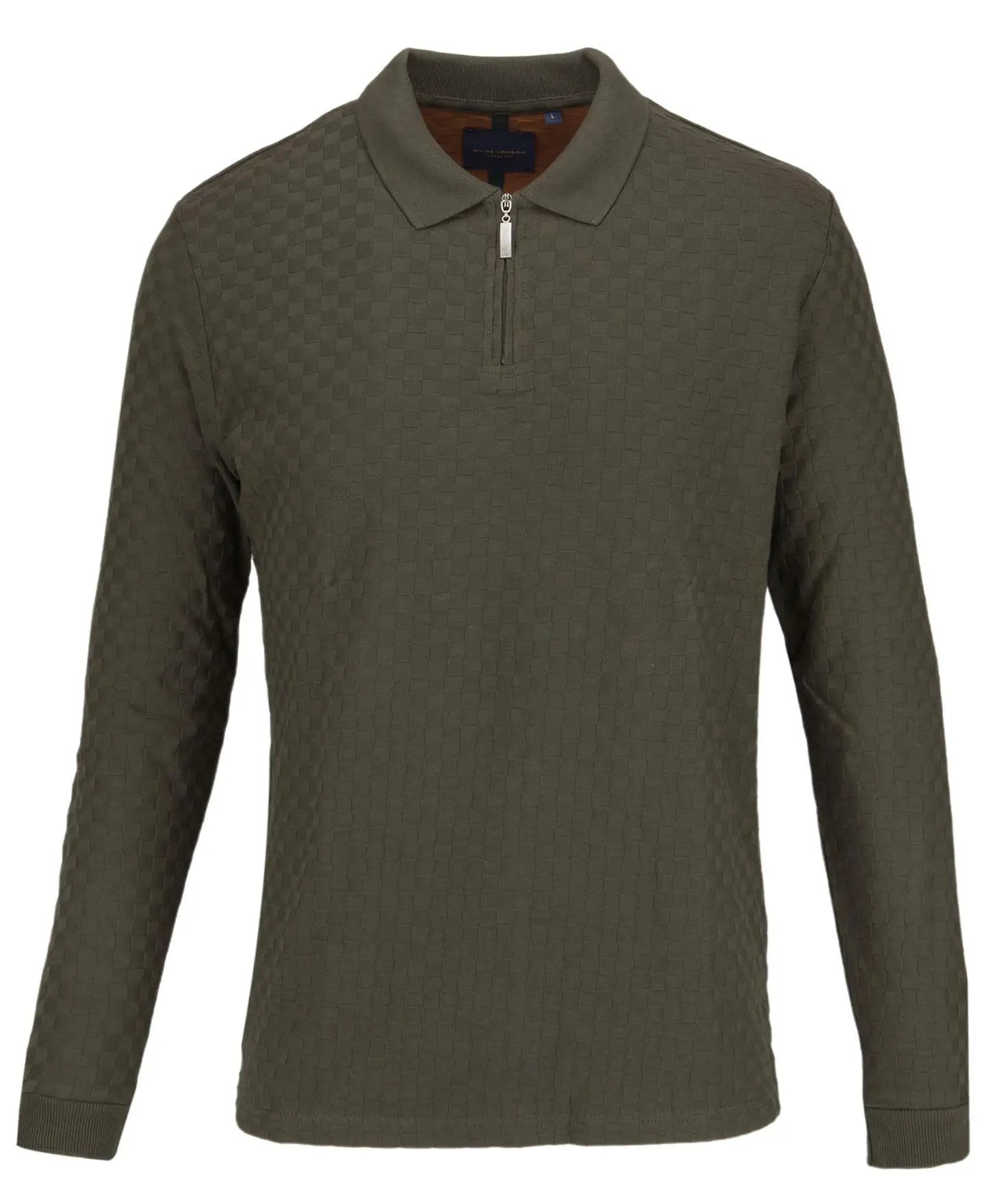 Faire,Guide London, Guide London Olive Green Tonal Check Pattern Texture Front Zip Long Sleeve Polo, Green, Medium-40-TagM