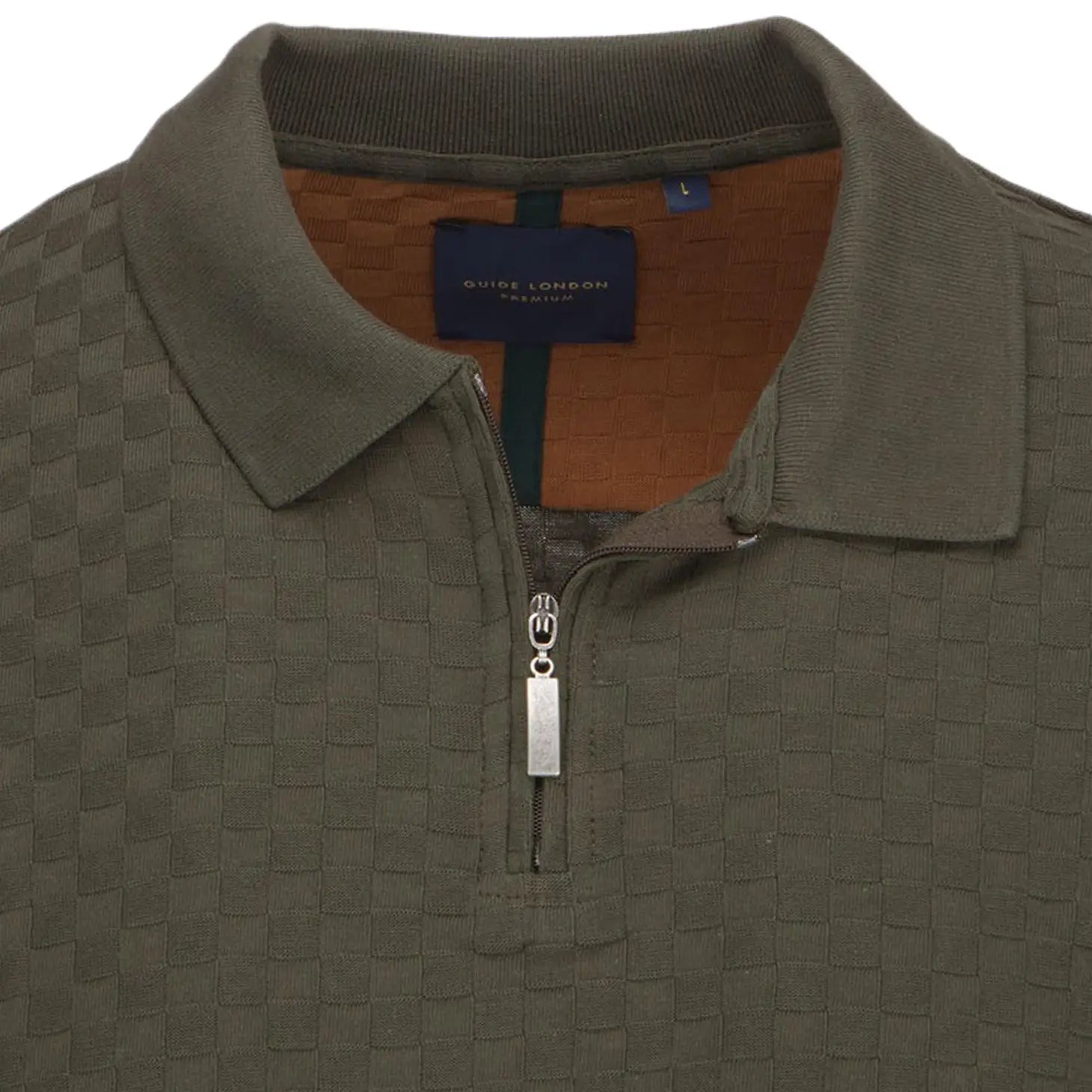 Faire,Guide London, Guide London Olive Green Tonal Check Pattern Texture Front Zip Long Sleeve Polo, Green, Large-42-TagL
