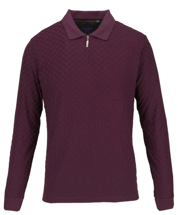 Guide London Plum Purple Tonal Check Pattern Texture Front Zip Long Sleeve Polo