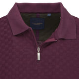 Guide London Plum Purple Tonal Check Pattern Texture Front Zip Long Sleeve Polo
