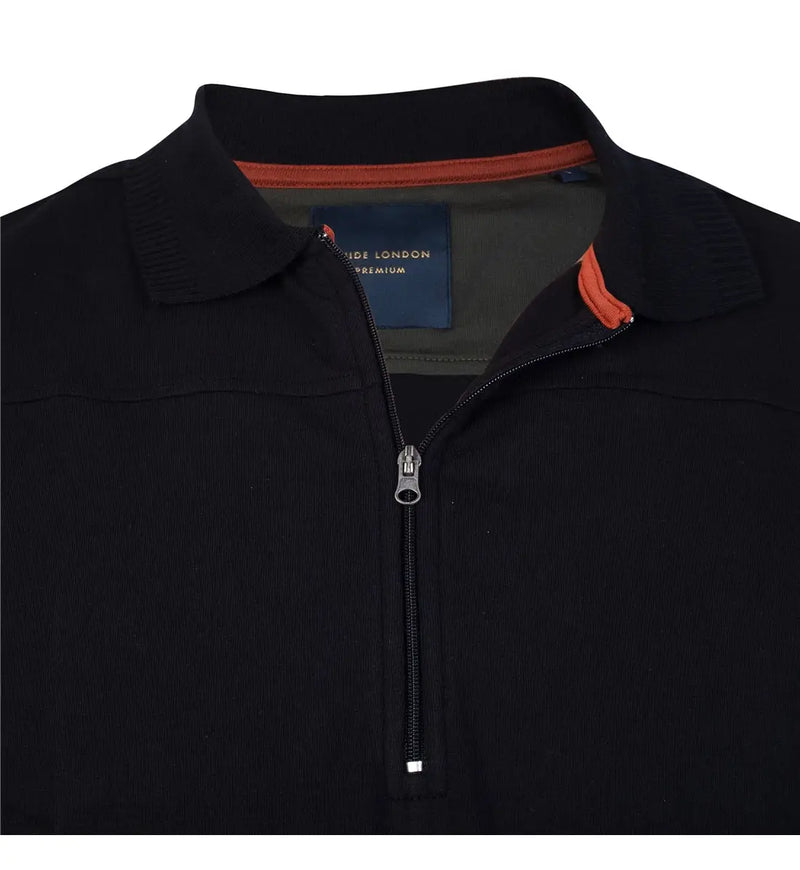 Guide London Black Solid Jersey Knit Front Zip Long Sleeve Polo