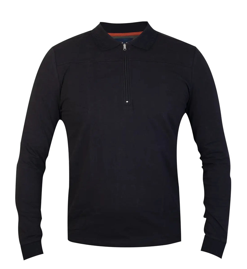 Guide London Black Solid Jersey Knit Front Zip Long Sleeve Polo
