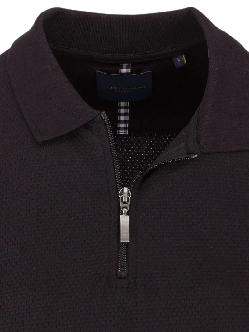 Guide London Black Jacquard Knit Front Zip Short Sleeve Polo