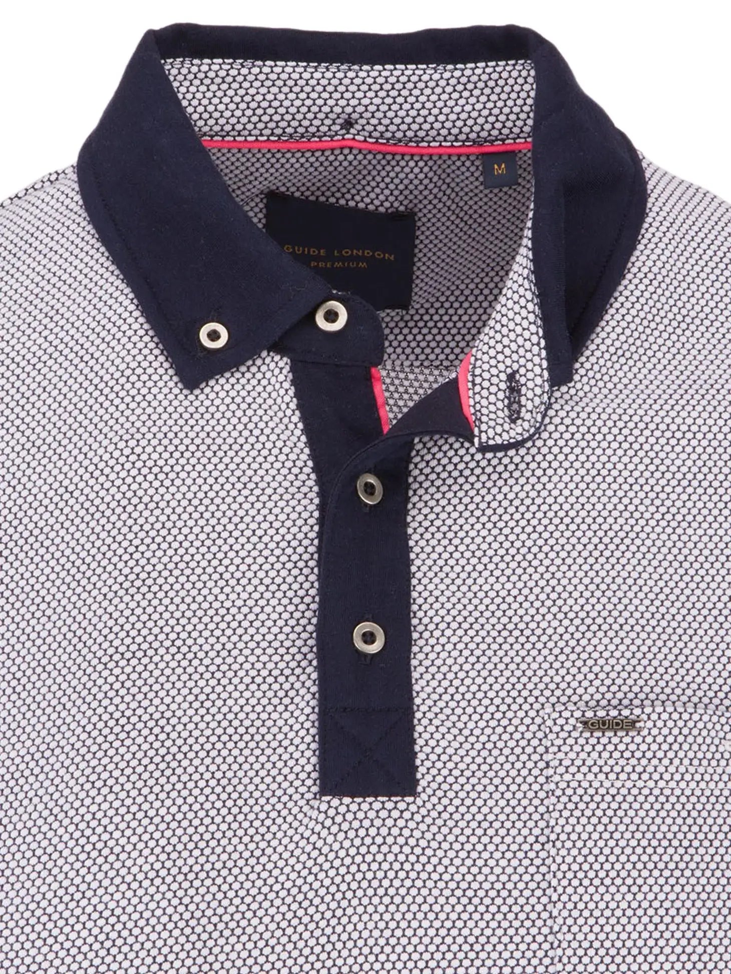 Faire,Guide London, Guide London Navy And White Jacquard Short Sleeve Button Polo Shirt With Contrast Sleeves, White, Small-40-TagXL
