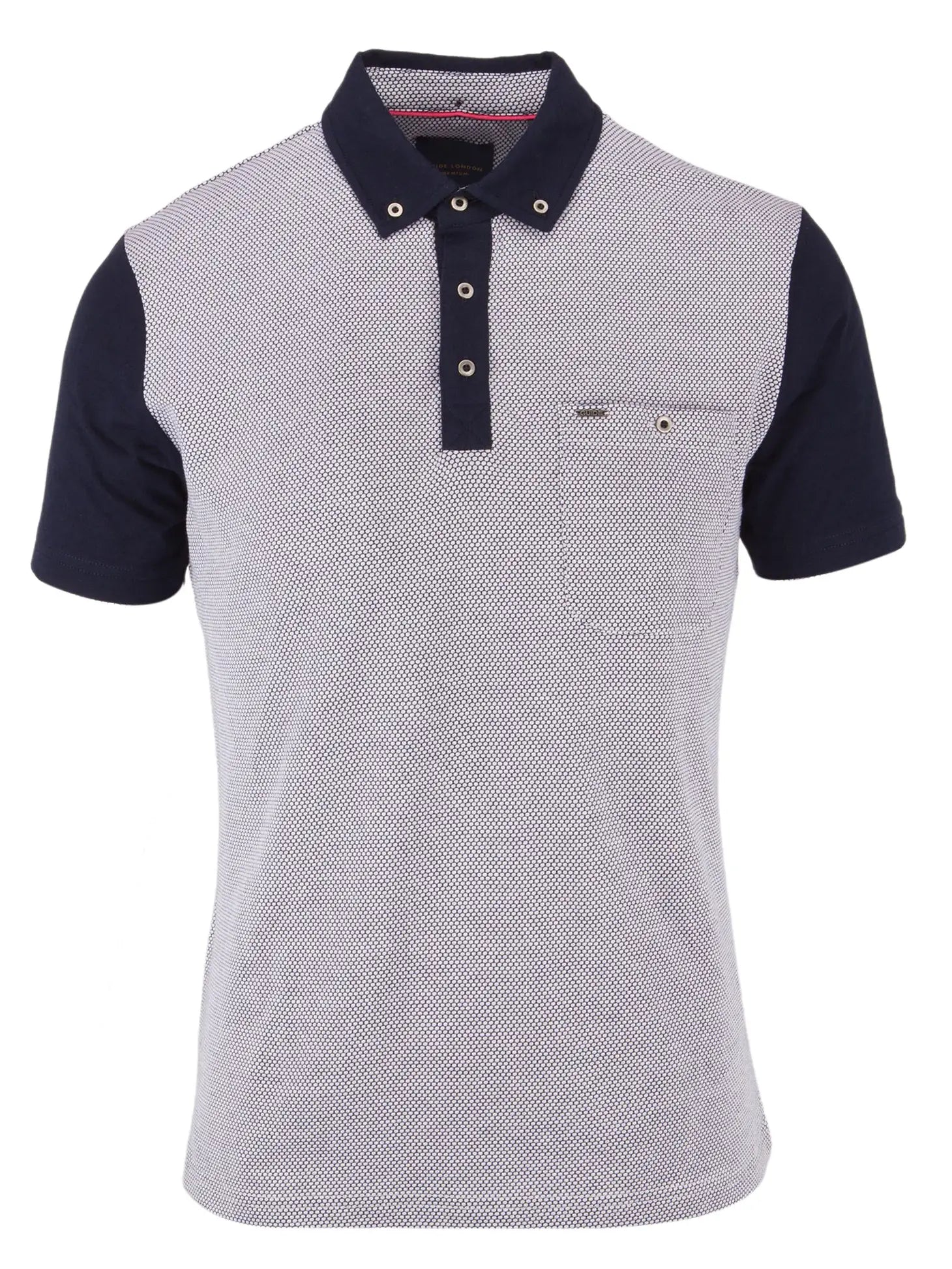 Faire,Guide London, Guide London Navy And White Jacquard Short Sleeve Button Polo Shirt With Contrast Sleeves, White, Small-40-TagXL
