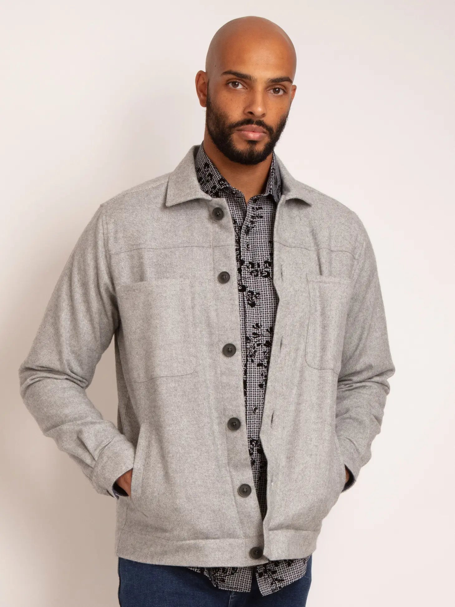 Faire,Guide London, Guide London Light Grey Brushed Herringbone Shacket, Grey, Extra Extra Large-52-TagXXL