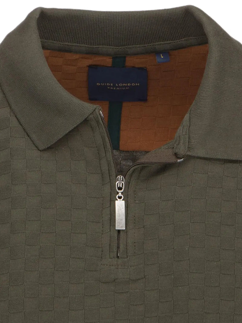 Guide London Olive Green Tonal Check Pattern Texture Front Zip Long Sleeve Polo