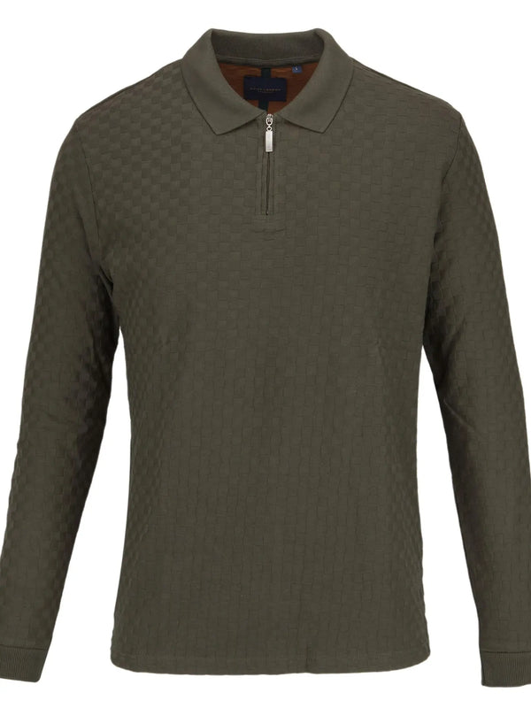 Guide London Olive Green Tonal Check Pattern Texture Front Zip Long Sleeve Polo