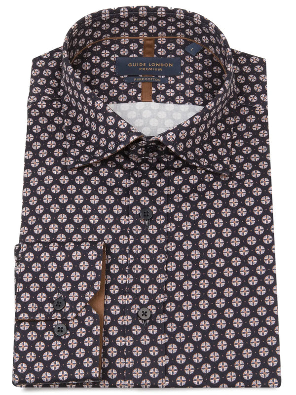 Guide London Navy Circle Geo Print Long Sleeve Button Up Shirt