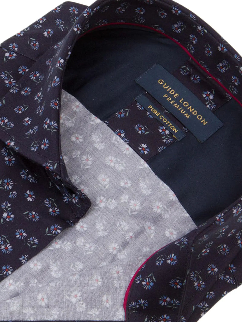 Guide London Navy Micro Floral Print Long Sleeve Button Up Shirt