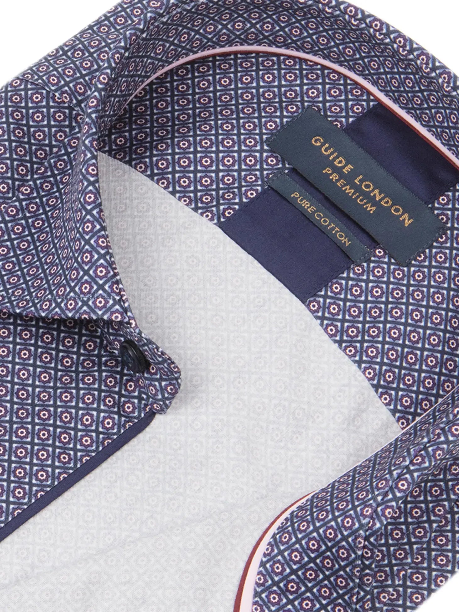 Faire,Guide London, Guide London Blue Diamond Medallion Print Long Sleeve Button Up Shirt, Blue, Large-46-TagXL