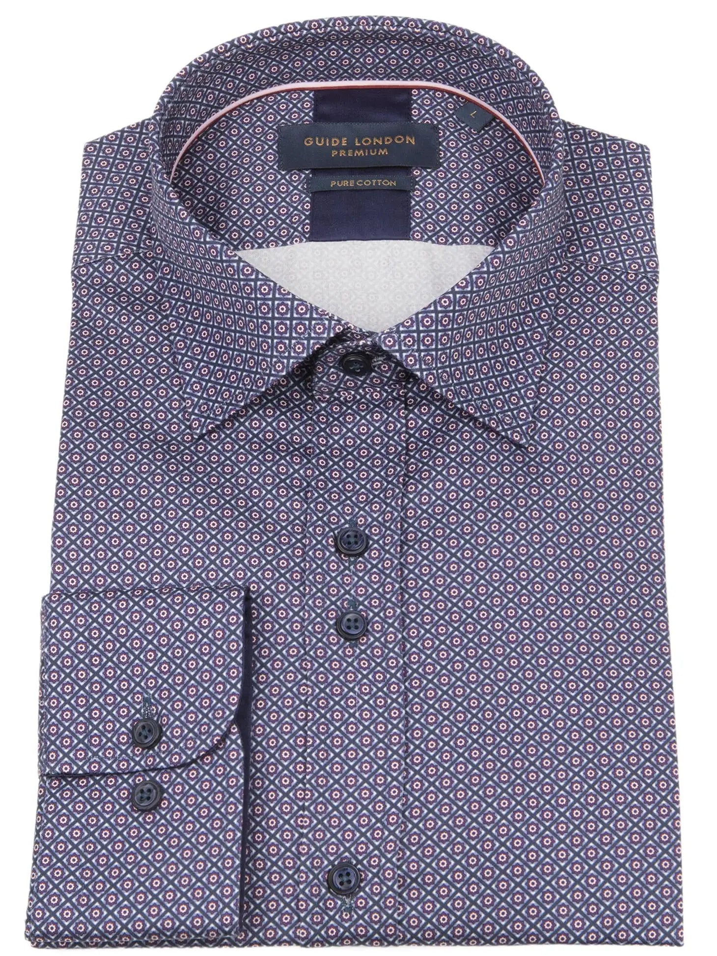 Faire,Guide London, Guide London Blue Diamond Medallion Print Long Sleeve Button Up Shirt, Blue, Medium-44-TagL
