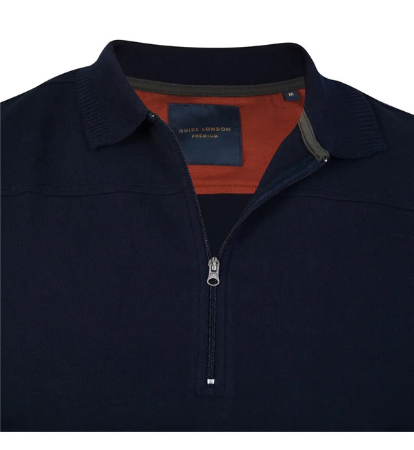 Guide London Navy Solid Jersey Knit Front Zip Long Sleeve Polo