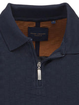 Guide London Navy Tonal Check Pattern Texture Front Zip Long Sleeve Polo