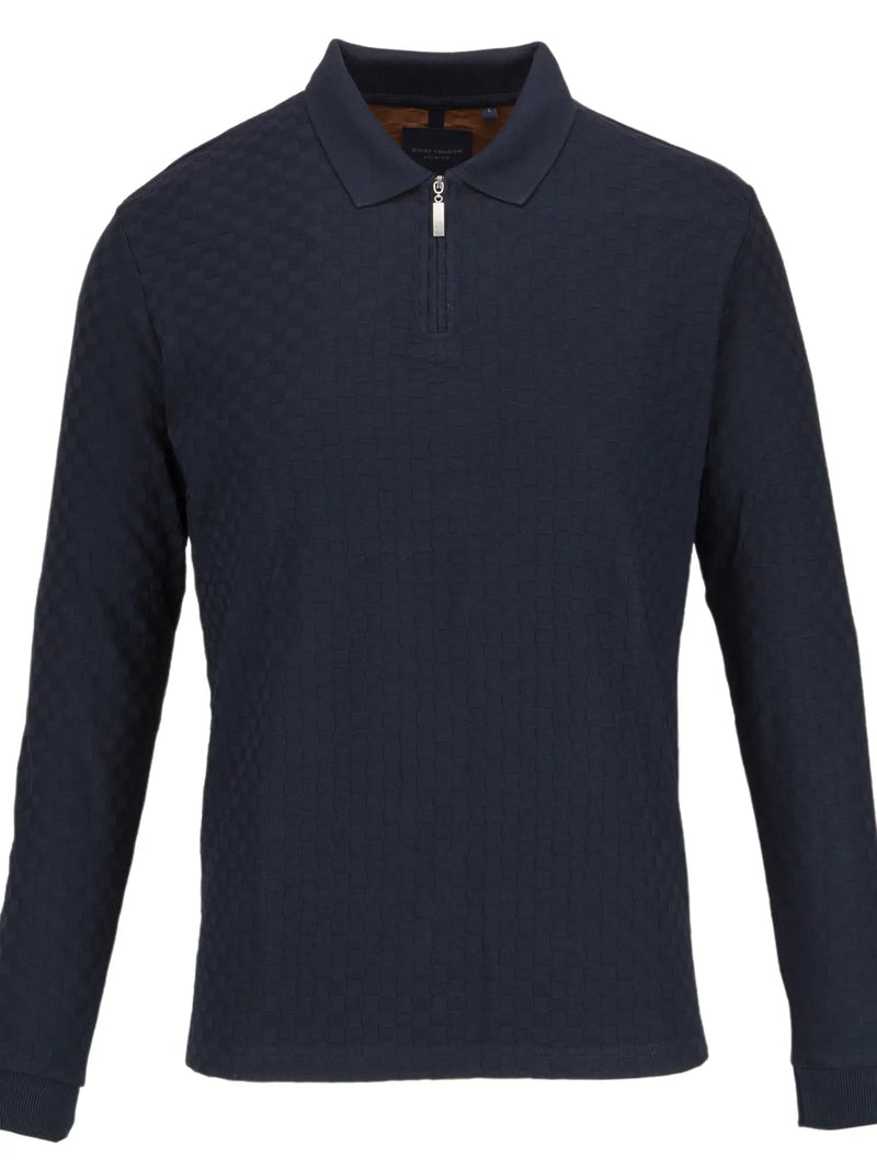 Guide London Navy Tonal Check Pattern Texture Front Zip Long Sleeve Polo