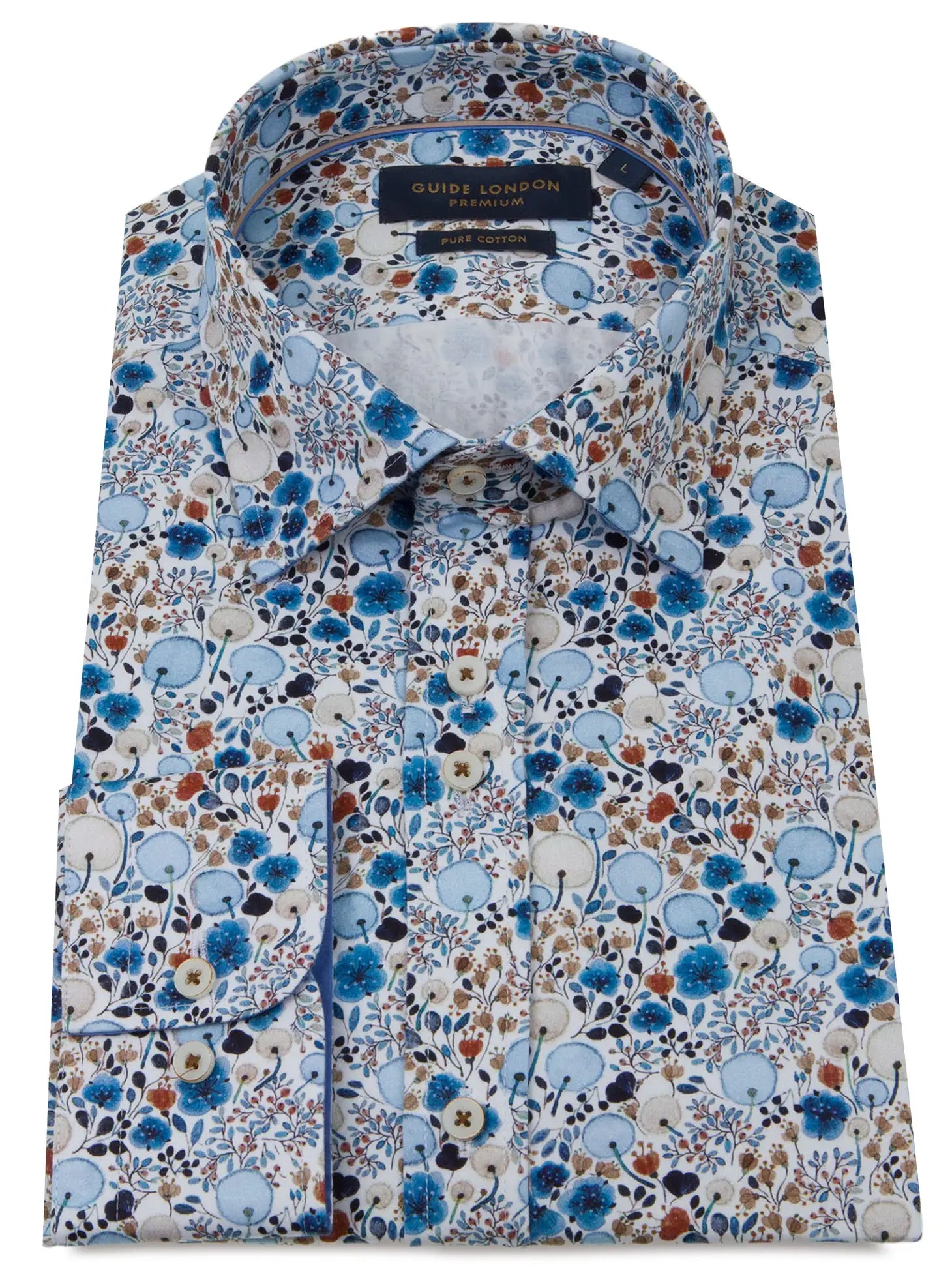 Faire,Guide London, Guide London White With Light Blue & Tan Painted Florals Long Sleeve Button Up Shirt, Blue, Medium-42-TagM