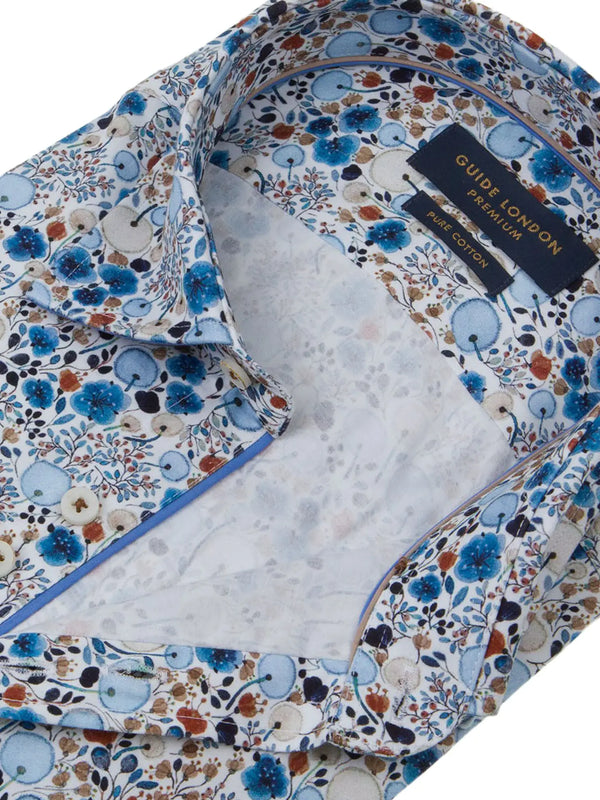 Guide London White With Light Blue & Tan Painted Florals Long Sleeve Button Up Shirt