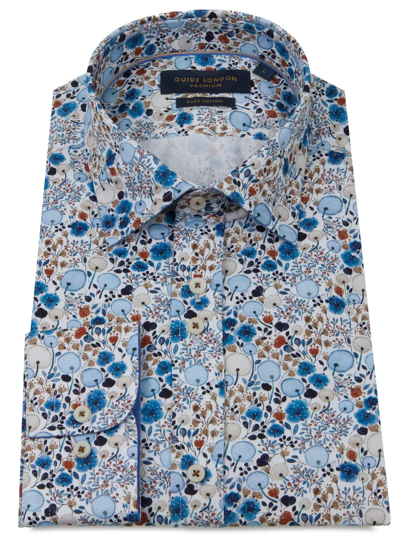 Guide London White With Light Blue & Tan Painted Florals Long Sleeve Button Up Shirt