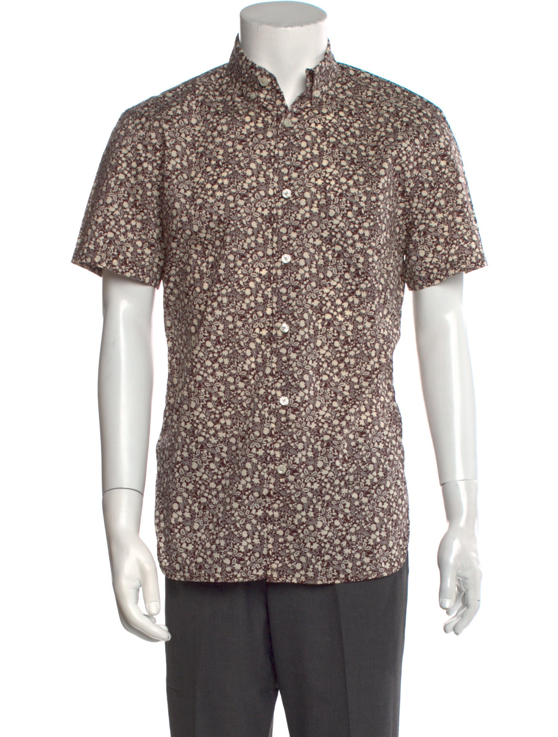 The RealReal,Hiroshi Kato, Hiroshi Kato Brown Floral Print Slim Fit Short Sleeve Button Up, Brown, Small-41-TagS