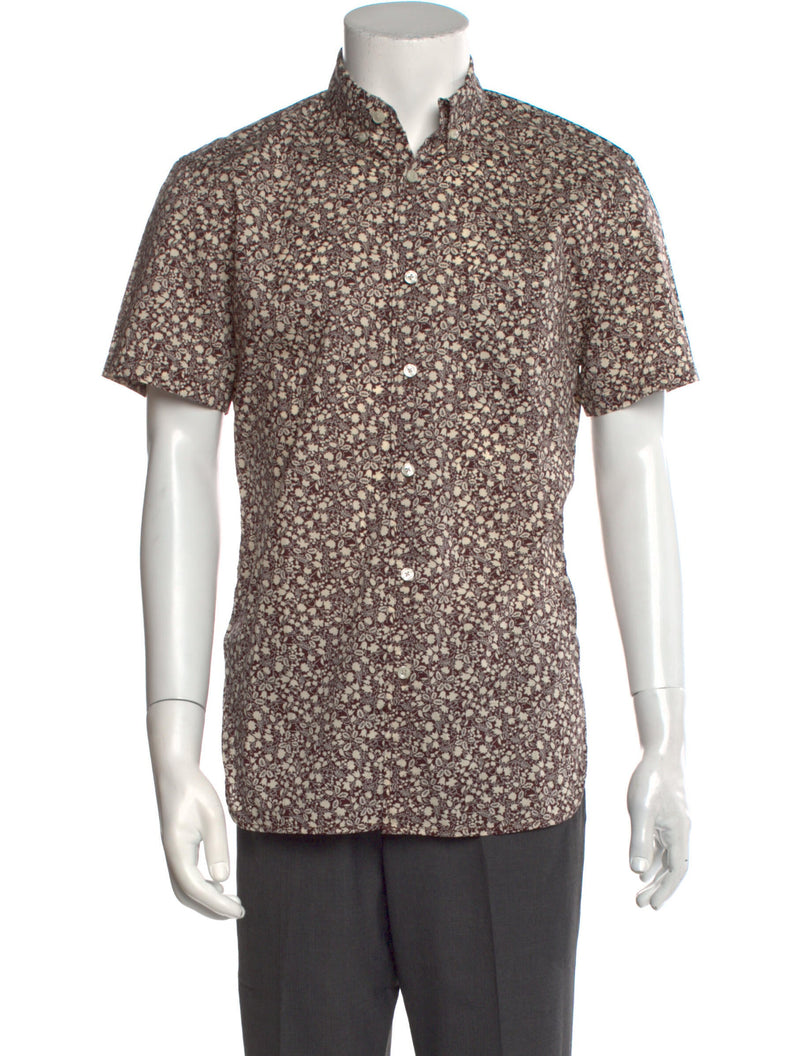 Hiroshi Kato Brown Floral Print Slim Fit Short Sleeve Button Up