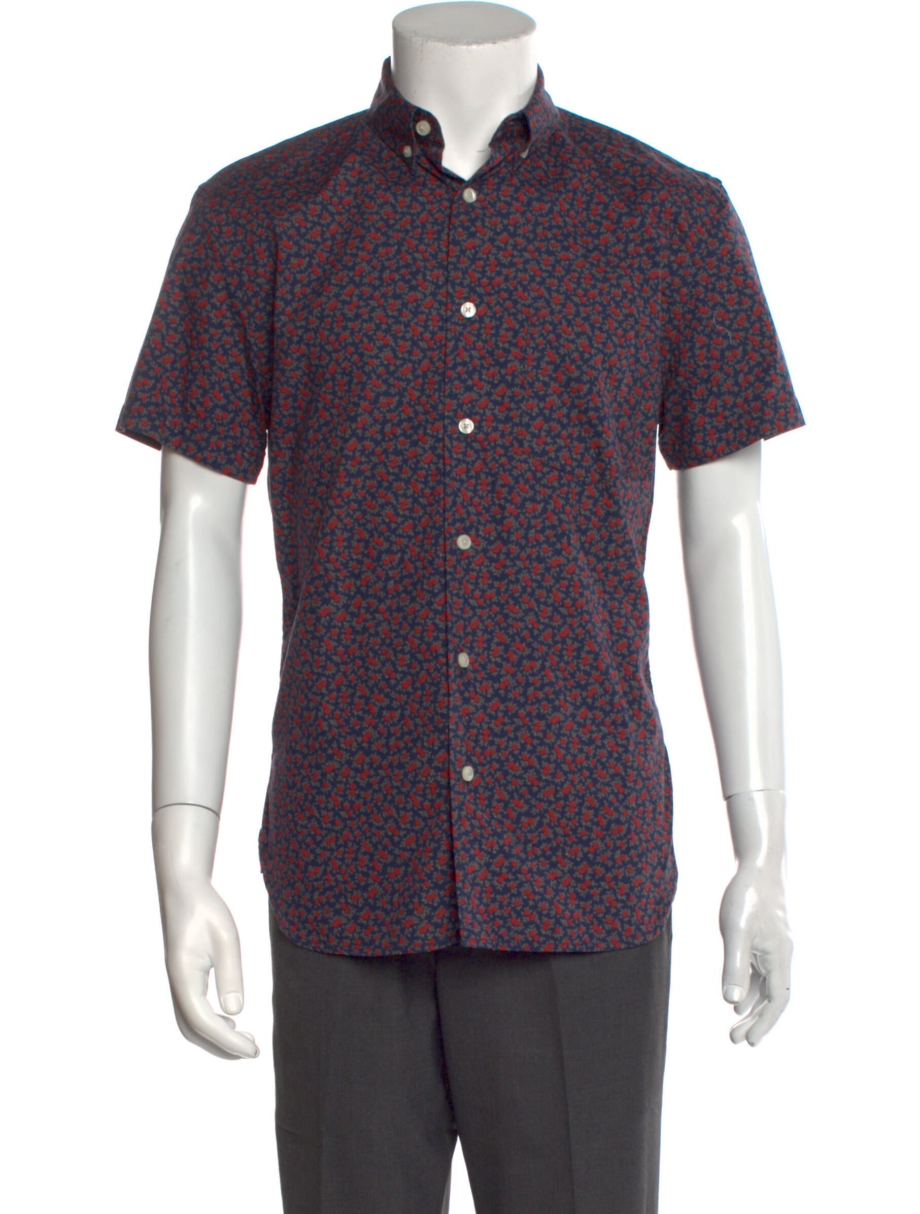 The RealReal,Hiroshi Kato, Hiroshi Kato Blue Floral Print Short Sleeve Button Up, Blue, Small-40-TagS