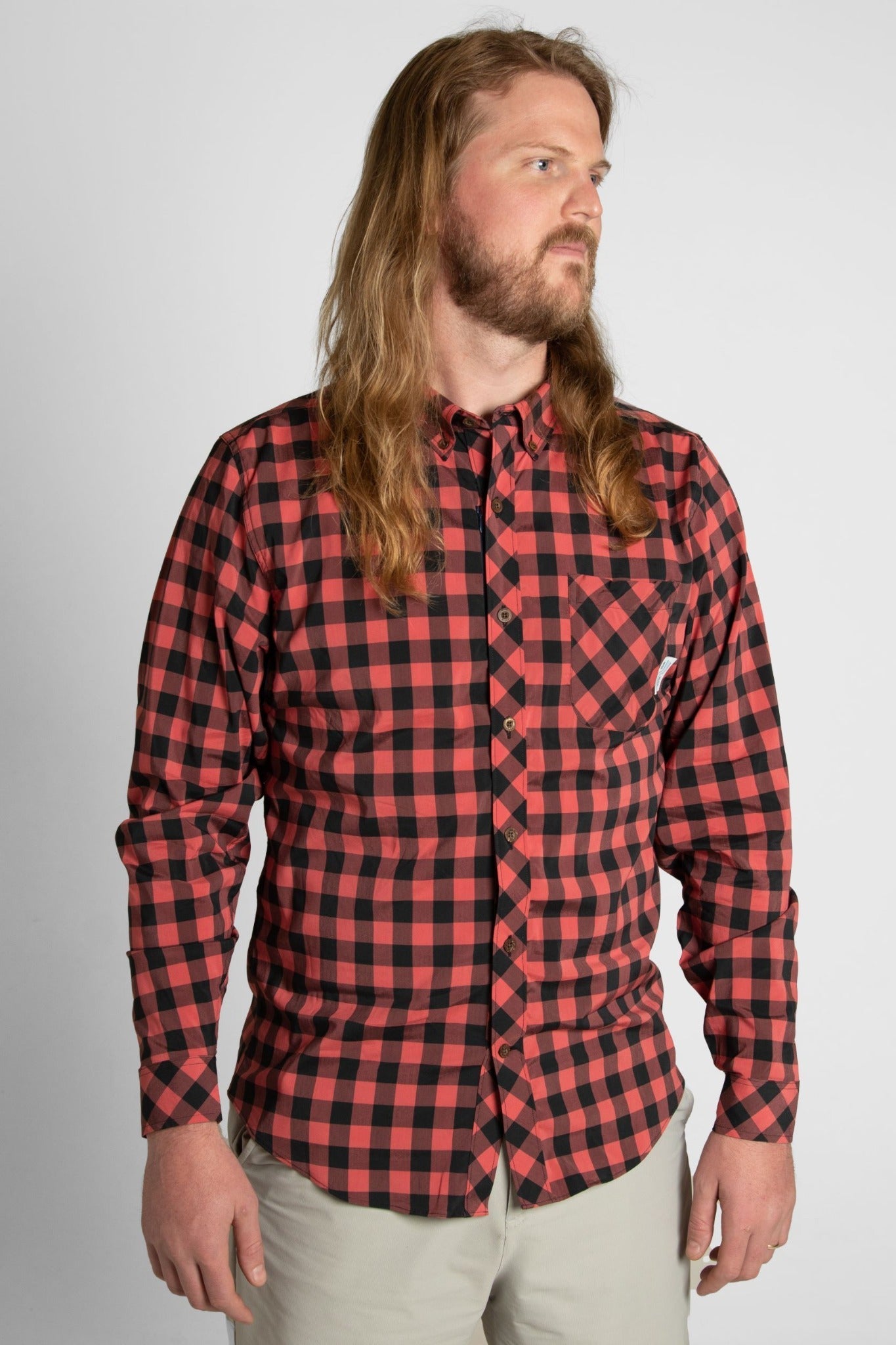 Brand Partner,Wise River, Wise River Red Check Downing Performance Long Sleeve Button Up, Red, Medium-42-TagM