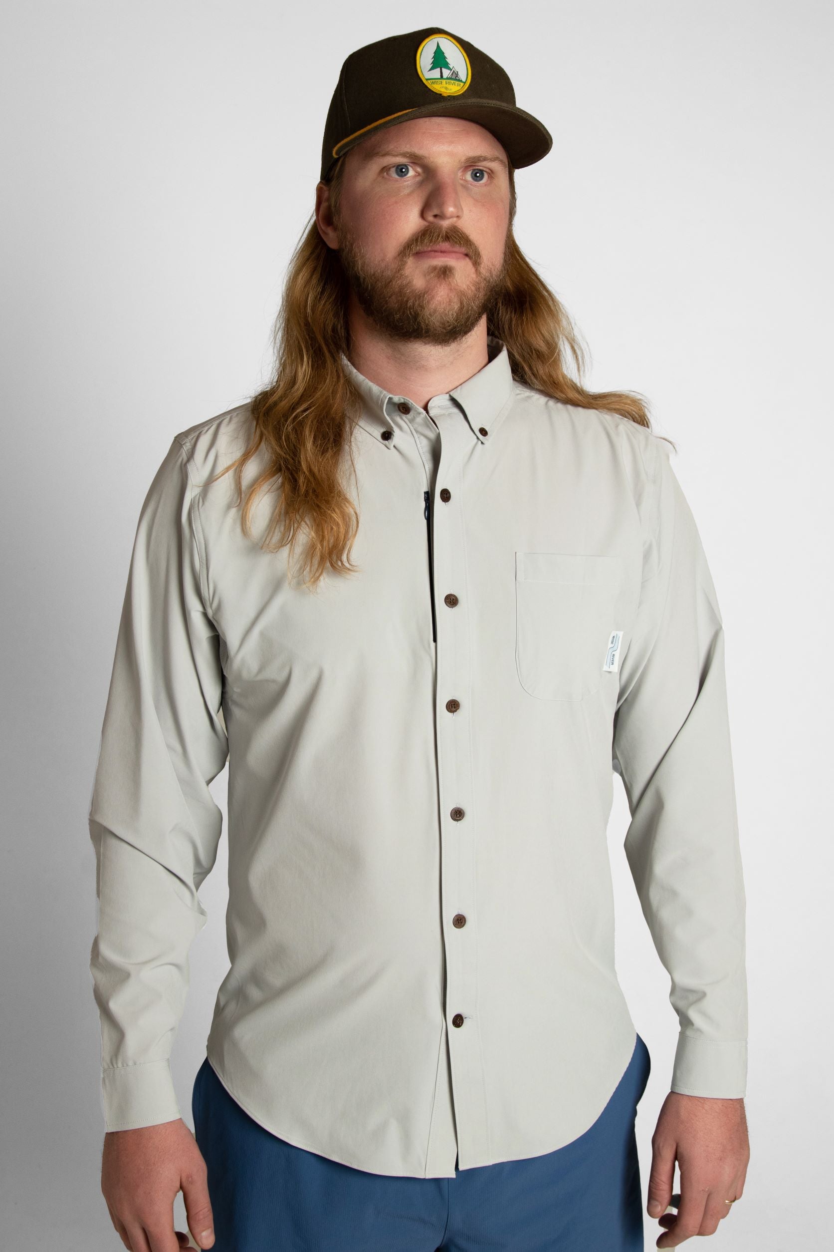 Brand Partner,Wise River, Wise River Light Taupe Pettengill Performance Long Sleeve Button Up Shirt, Grey, Small-41-TagS