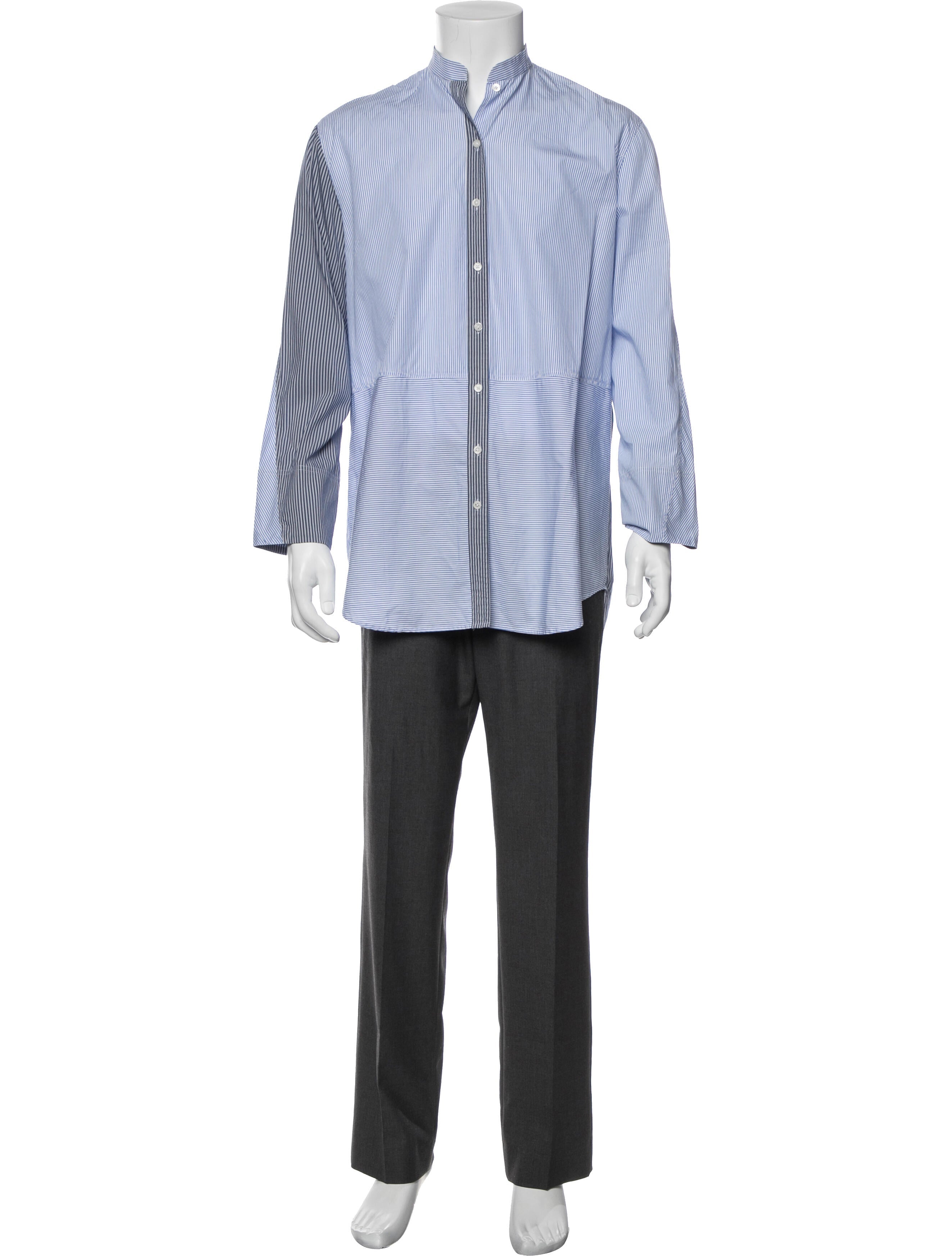 The RealReal,Joseph, Joseph Light Blue Striped Patchwork Mandarin Collar Button Up Shirt, Blue, Large-46-TagL