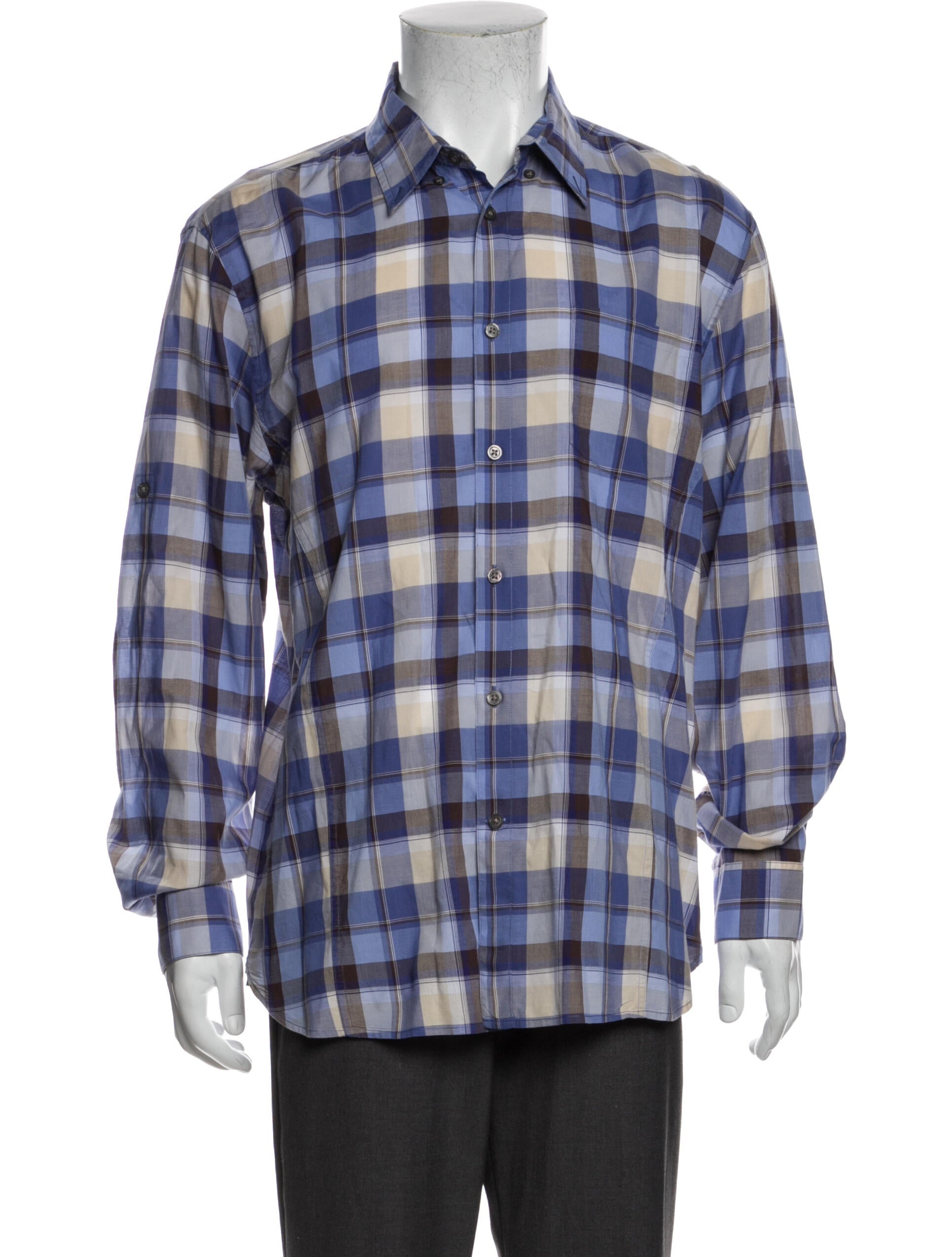 The RealReal,John Varvatos, John Varvatos Blue & Beige Plaid Button Down Shirt, , 