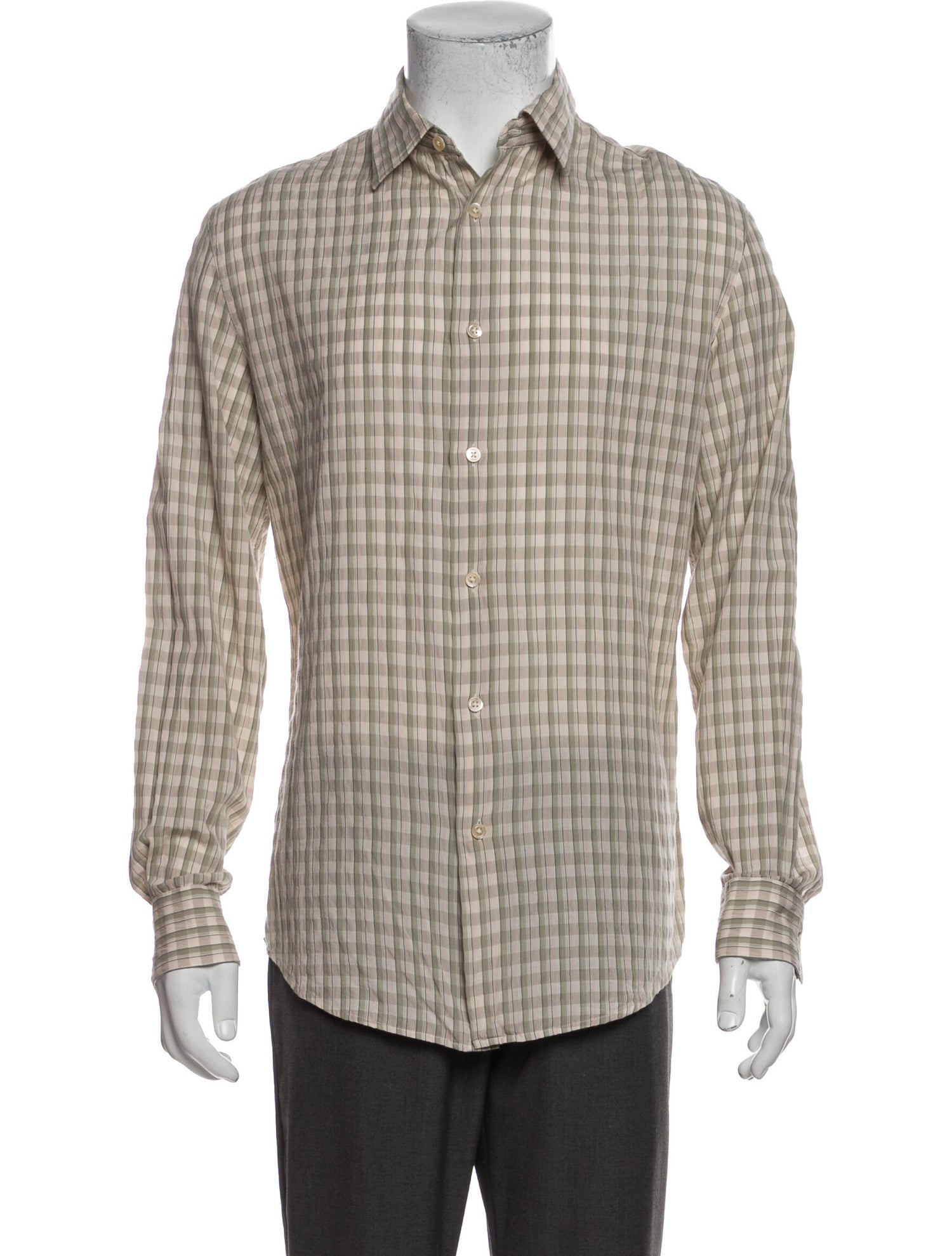 The RealReal,John Varvatos, John Varvatos Beige Plaid Print Button Up Shirt, Tan, Medium-42-TagS