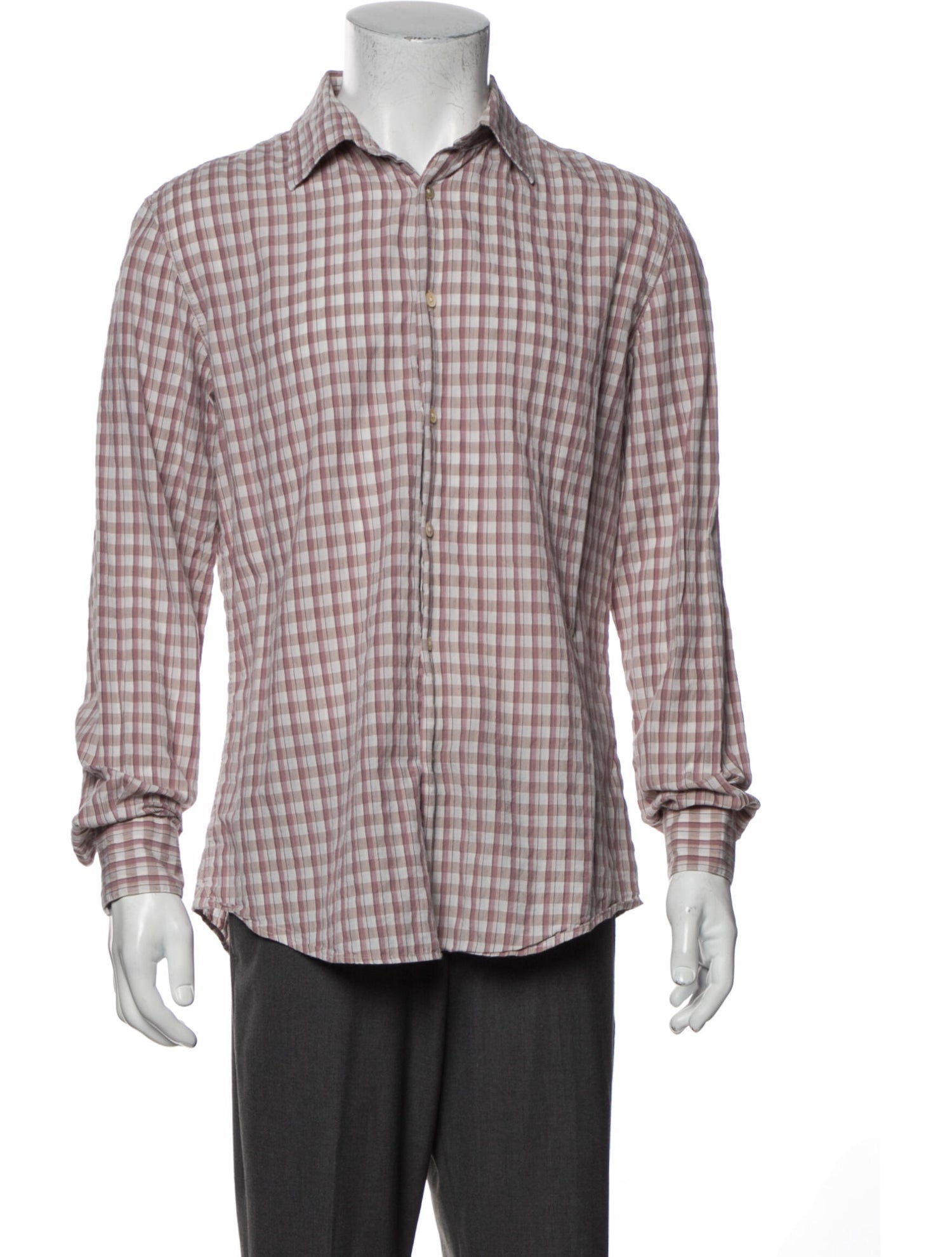 The RealReal,John Varvatos, John Varvatos Pastel Red & Beige Check Print Button Up Shirt, Purple, Medium-42-TagM