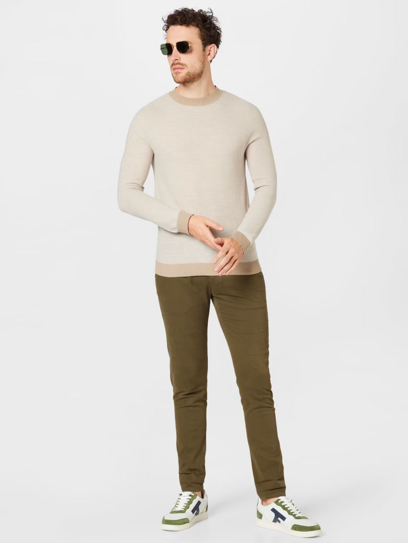 Jack & Jones Beige Lightweight Knit Crewneck Sweater With Contrast Sleeve And Collar