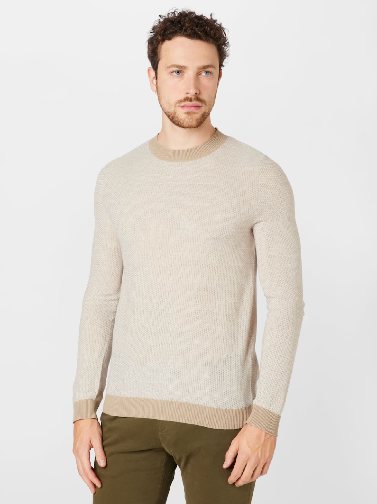 Wholesale,Jack & Jones, Jack & Jones Beige Lightweight Knit Crewneck Sweater With Contrast Sleeve And Collar, Tan, Large-44-TagL