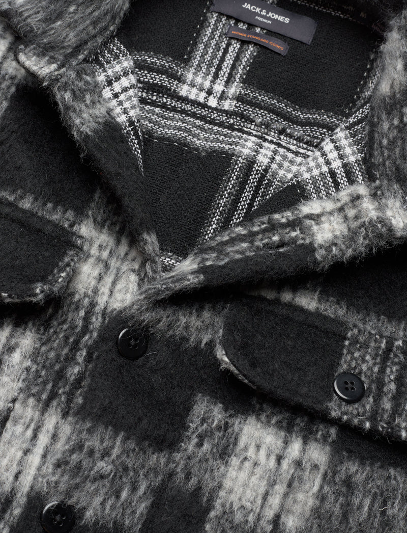 Jack & Jones Black And Grey Plaid Mohair Wool Blend Oversized Shirt Jacket