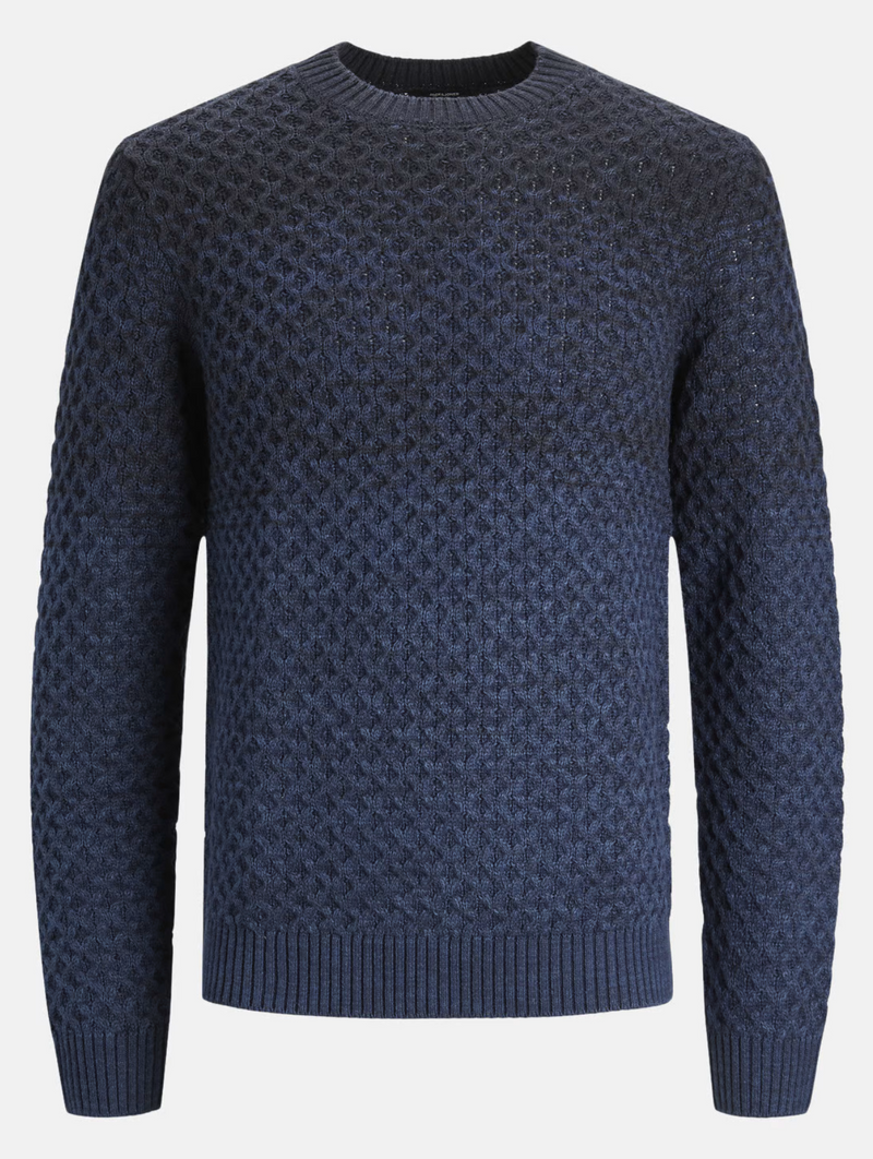Jack & Jones Dark Blue Gradient Textured Knit Long Sleeve Crewneck Sweater