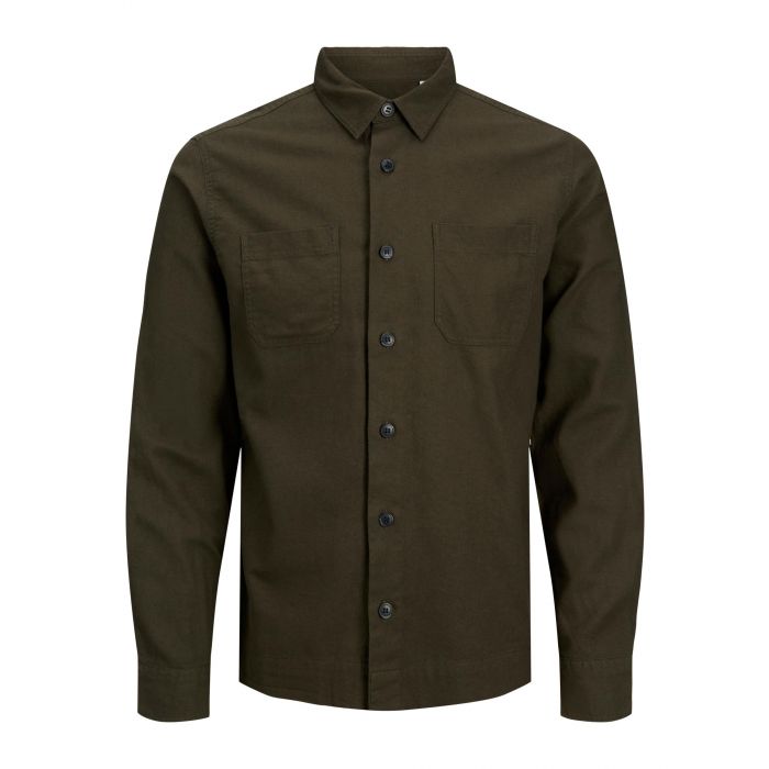 Jack & Jones Dark Green Long Sleeve Button Up Shirt With Front Chest Pockets