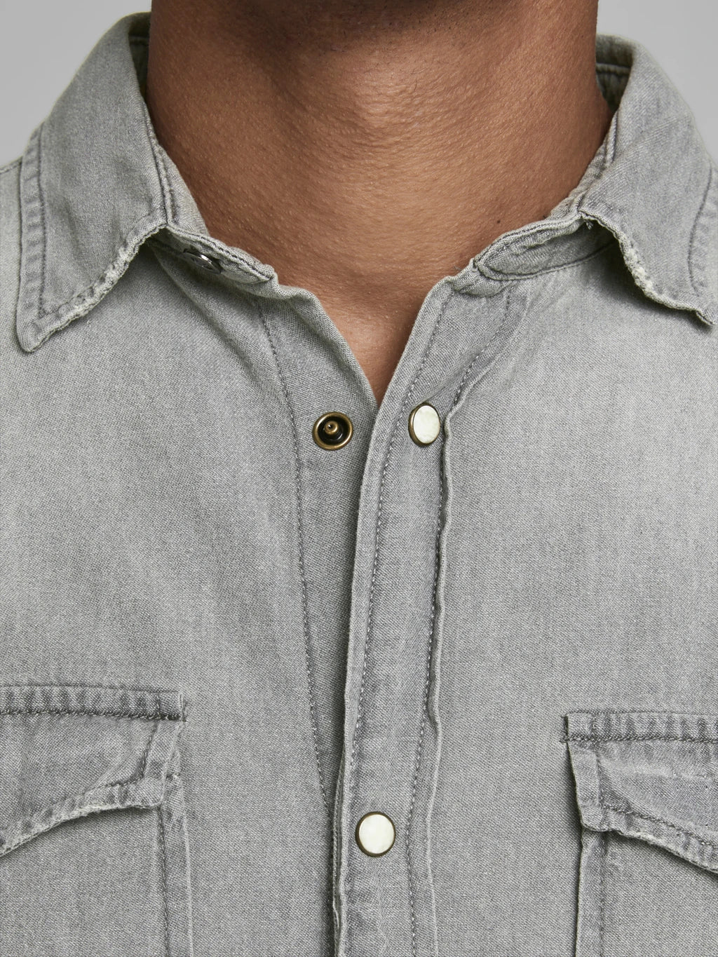 Wholesale,Jack & Jones, Jack & Jones Light Grey Denim Long Sleeve Button Up With Two Chest Pockets, Grey, Small-41-TagS