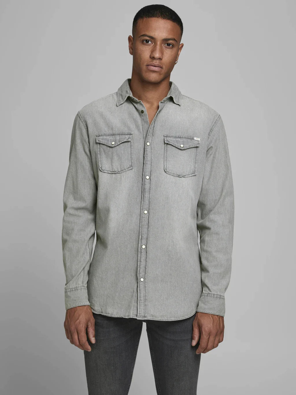 Wholesale,Jack & Jones, Jack & Jones Light Grey Denim Long Sleeve Button Up With Two Chest Pockets, Grey, Extra Large-47-TagXLLarge-45-TagLLarge-44-TagLMedium-43-TagMMedium-42-TagMSmall-41-TagS