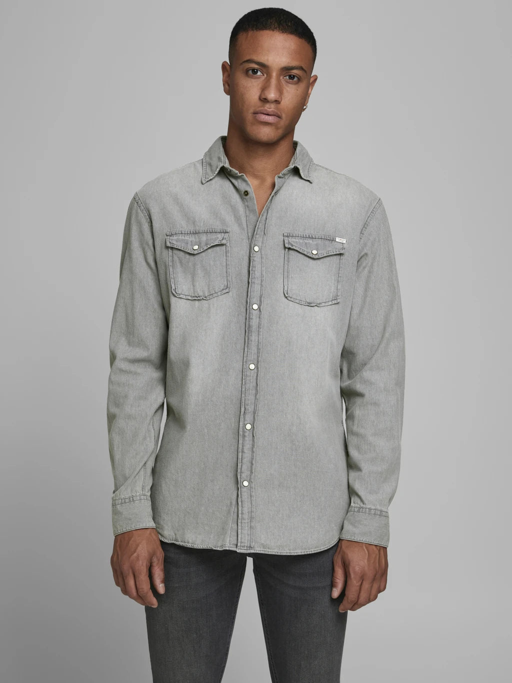Wholesale,Jack & Jones, Jack & Jones Light Grey Denim Long Sleeve Button Up With Two Chest Pockets, Grey, Medium-43-TagM