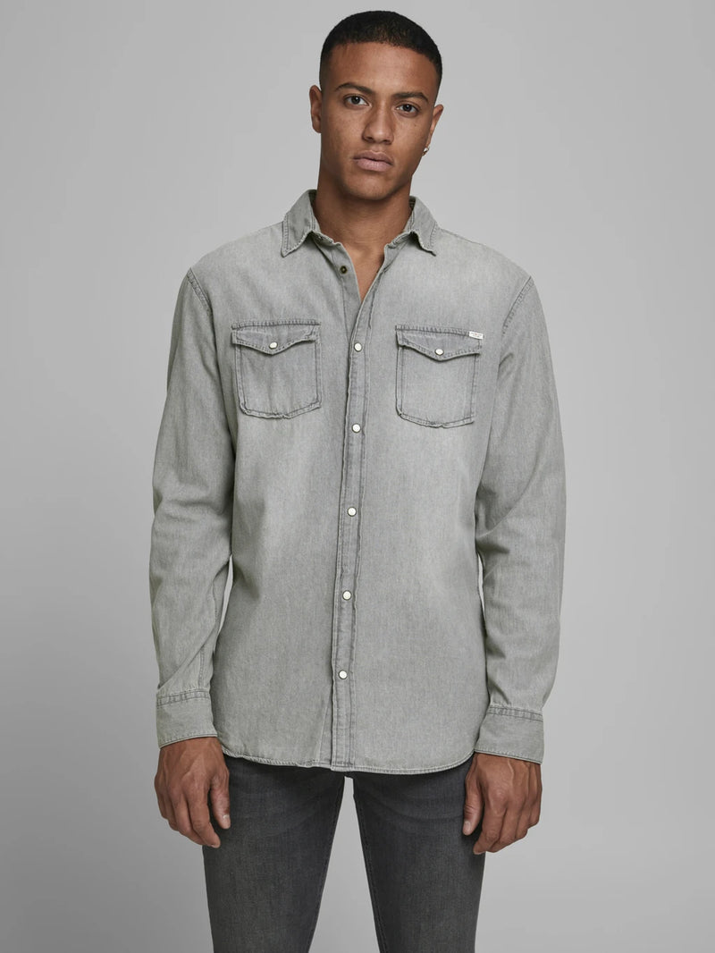 Jack & Jones Light Grey Denim Long Sleeve Button Up With Two Chest Pockets