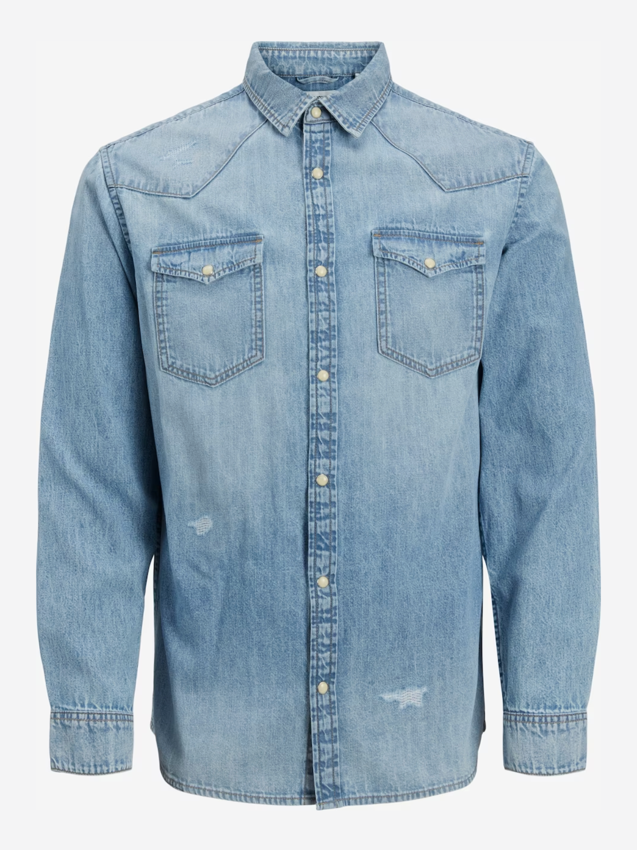 Wholesale,Jack & Jones, Jack & Jones Light Wash Blue Denim Long Sleeve Western Shirt, Blue, Large-44-TagL