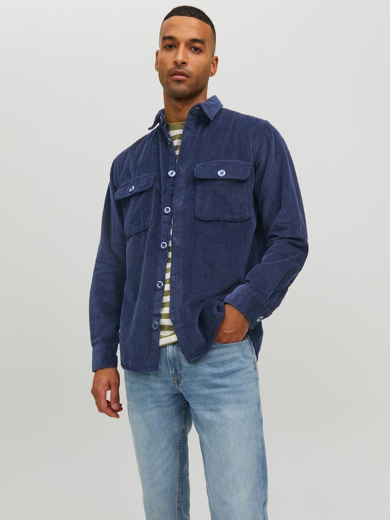 Jack & Jones Navy Corduroy Button Up Over Shirt With Front Chest Pockets