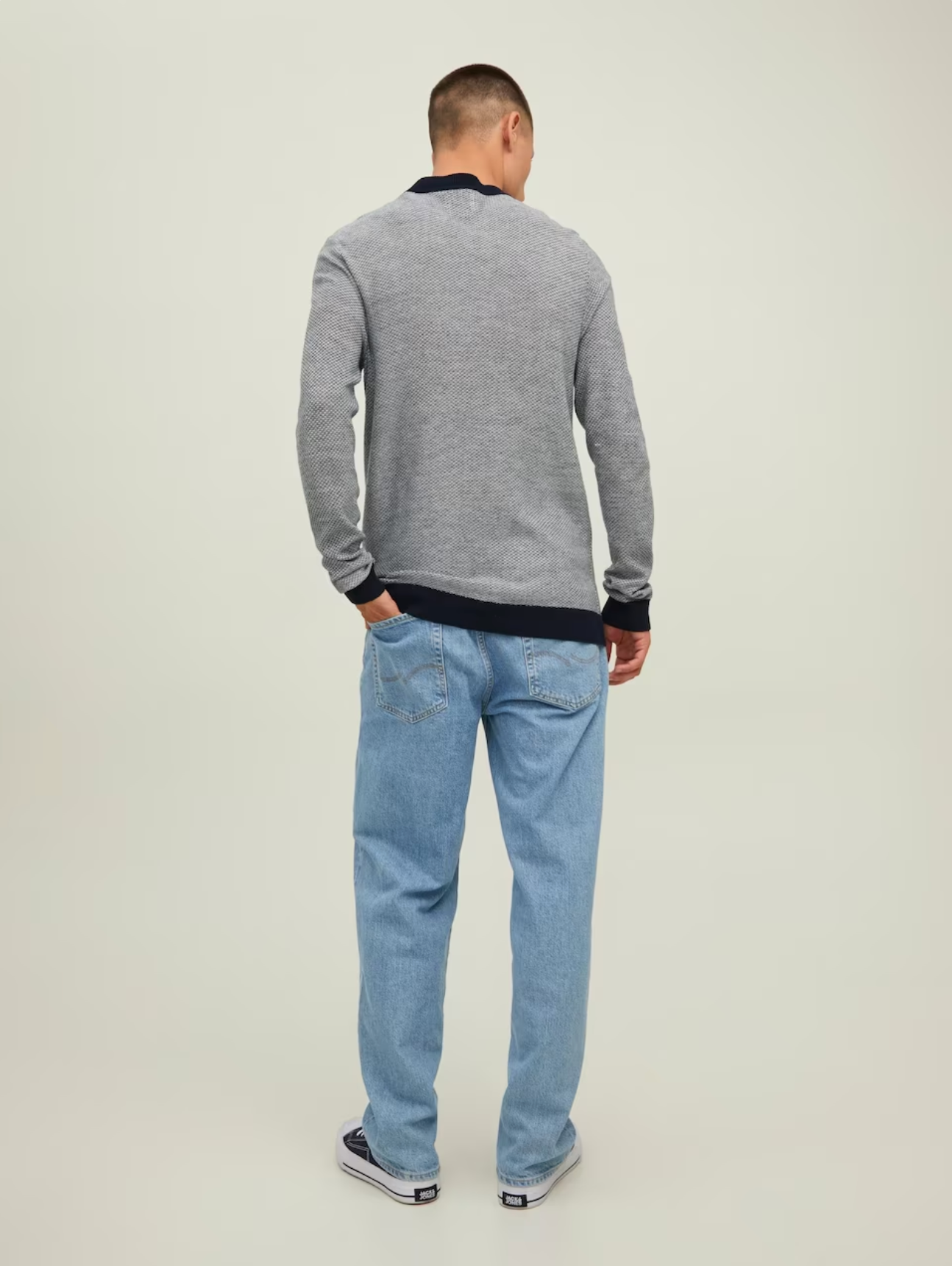 Wholesale,Jack & Jones, Jack & Jones Navy Lightweight Knit Long Sleeve Crewneck Sweater With Contrast Sleeve And Collar, Blue, Extra Large-48-TagXXLLarge-44-TagLMedium-42-TagMExtra Small-36-TagS