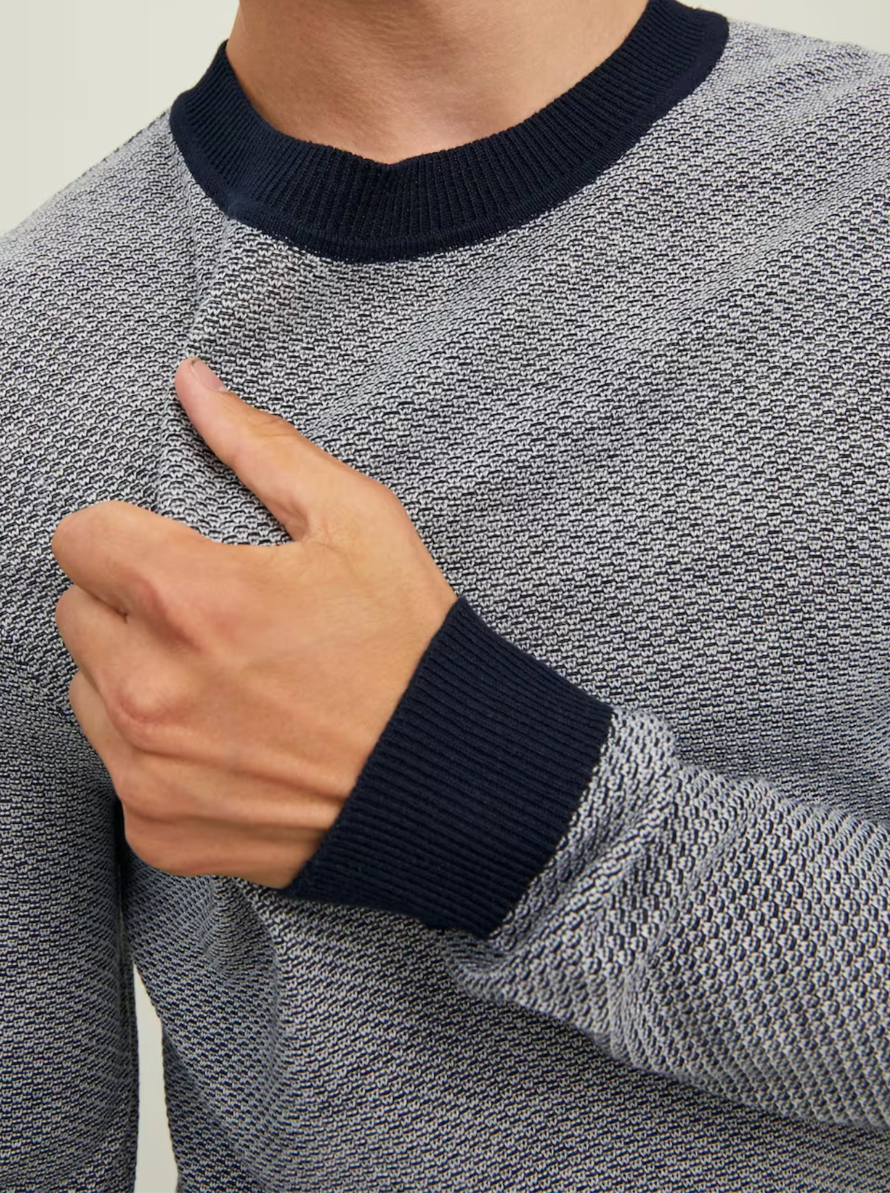 Wholesale,Jack & Jones, Jack & Jones Navy Lightweight Knit Long Sleeve Crewneck Sweater With Contrast Sleeve And Collar, Blue, Large-44-TagL