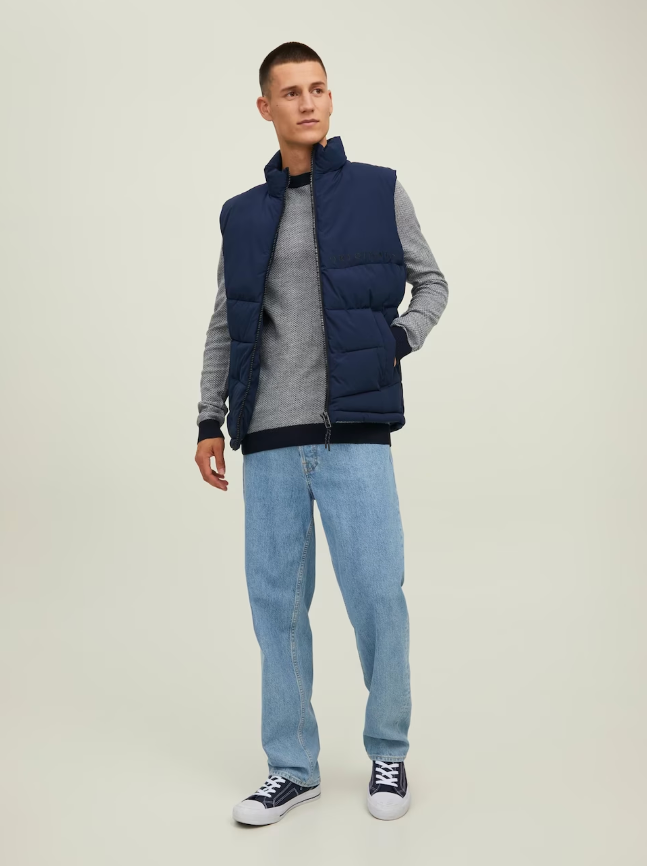 Wholesale,Jack & Jones, Jack & Jones Navy Lightweight Knit Long Sleeve Crewneck Sweater With Contrast Sleeve And Collar, Blue, Medium-42-TagM