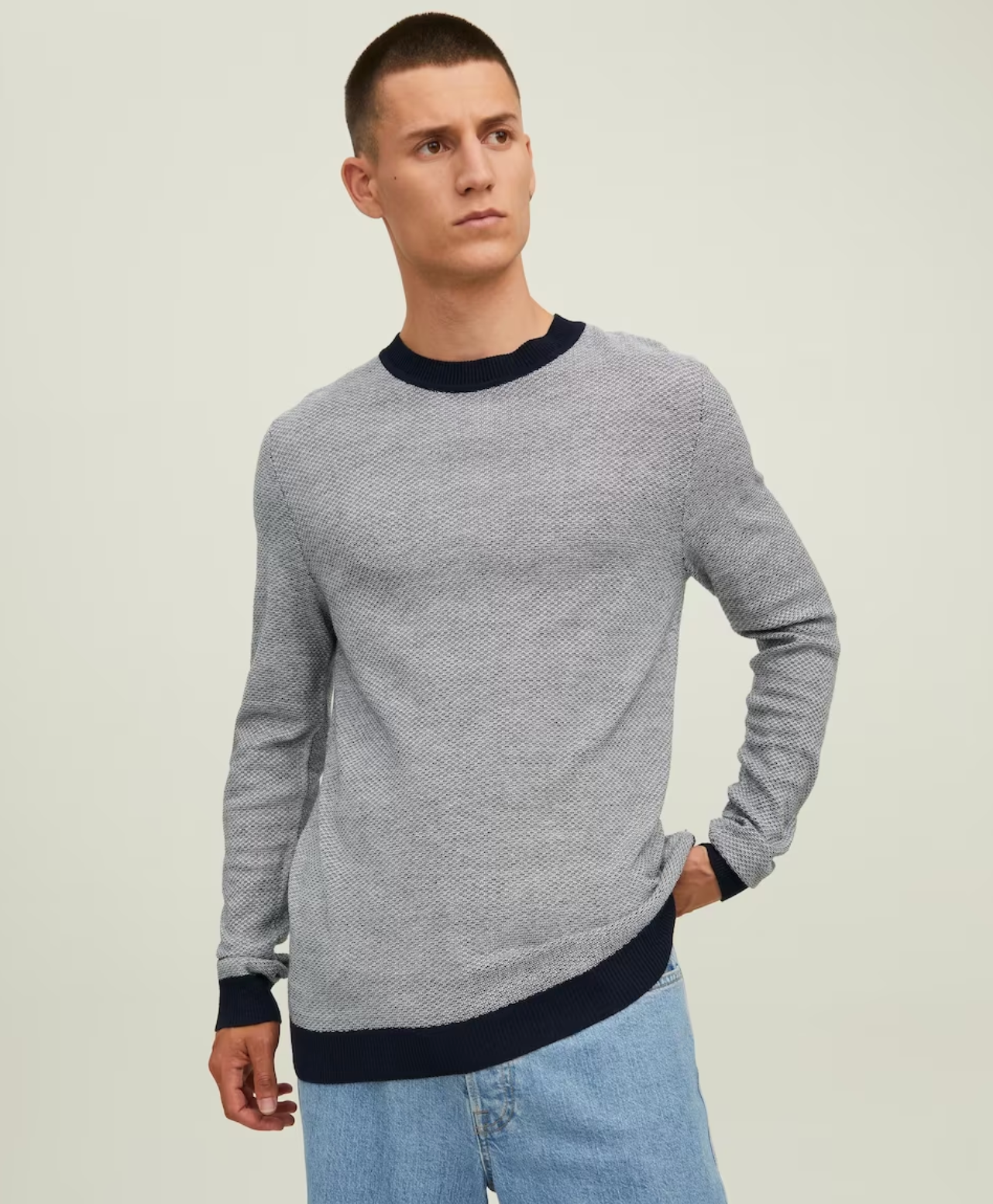 Wholesale,Jack & Jones, Jack & Jones Navy Lightweight Knit Long Sleeve Crewneck Sweater With Contrast Sleeve And Collar, Blue, Large-44-TagL