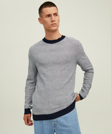Jack & Jones Navy Lightweight Knit Long Sleeve Crewneck Sweater With Contrast Sleeve And Collar