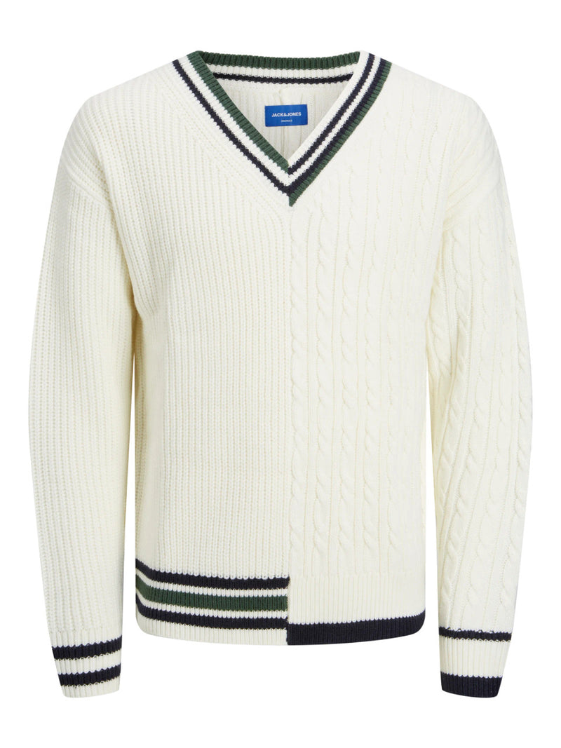 Jack & Jones White Split Knit V-Neck Long Sleeve Sweater With Striped Detail