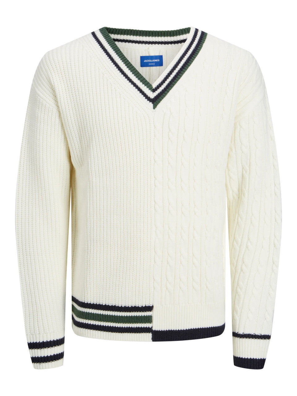 Wholesale,Jack & Jones, Jack & Jones White Split Knit V-Neck Long Sleeve Sweater With Striped Detail, White, Extra Large-46-TagM