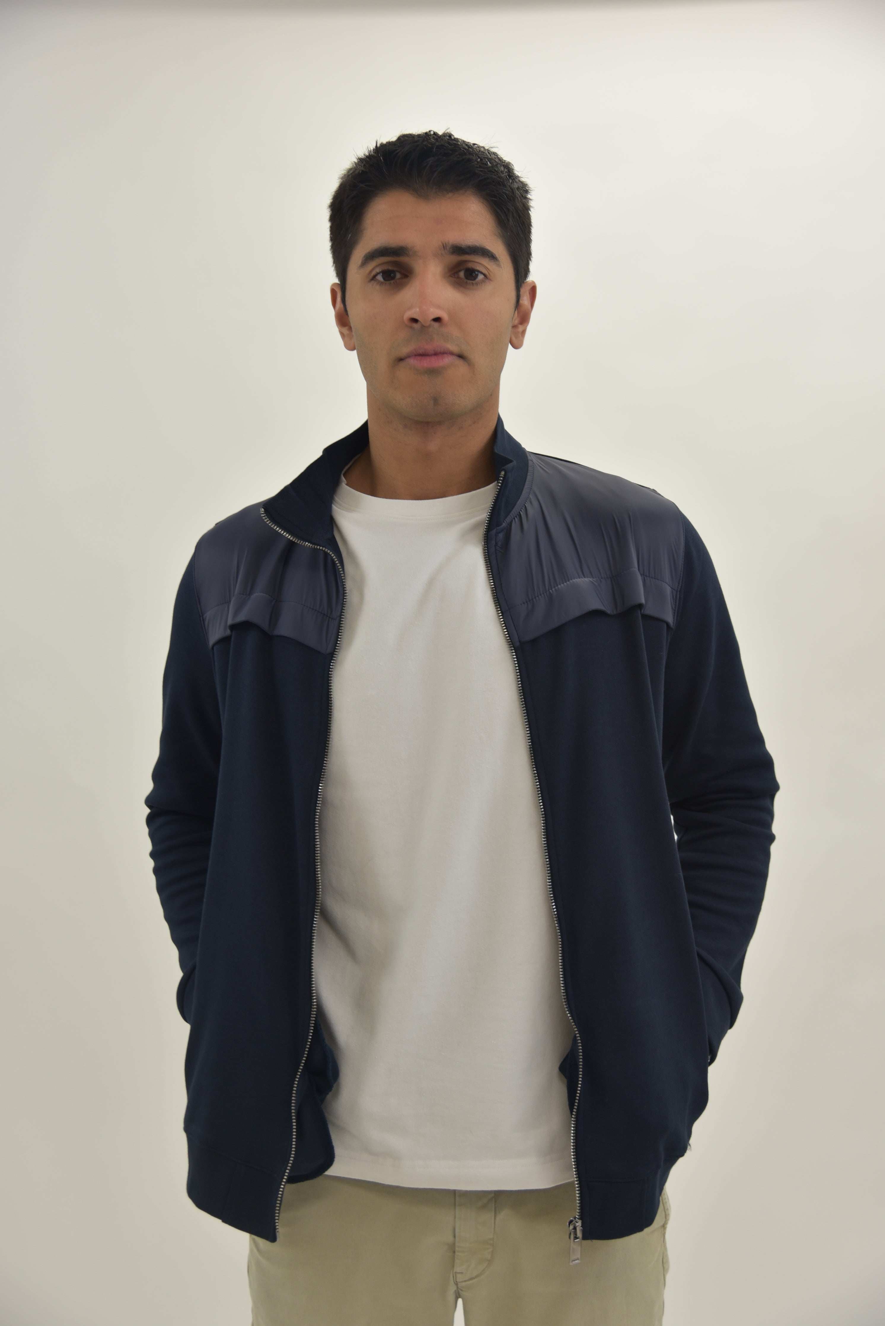 Bobbi + Bricka,Noize, Jakamen Navy Mockneck Full Zip Knit Jacket With Nylon Detail, Blue, Large-44-TagLMedium-42-TagMExtra Large-47-TagXLLarge-46-TagLMedium-44-TagMSmall-43-TagSExtra Extra Large-50-TagXXLMedium-44-TagLExtra Large-48-TagXXL